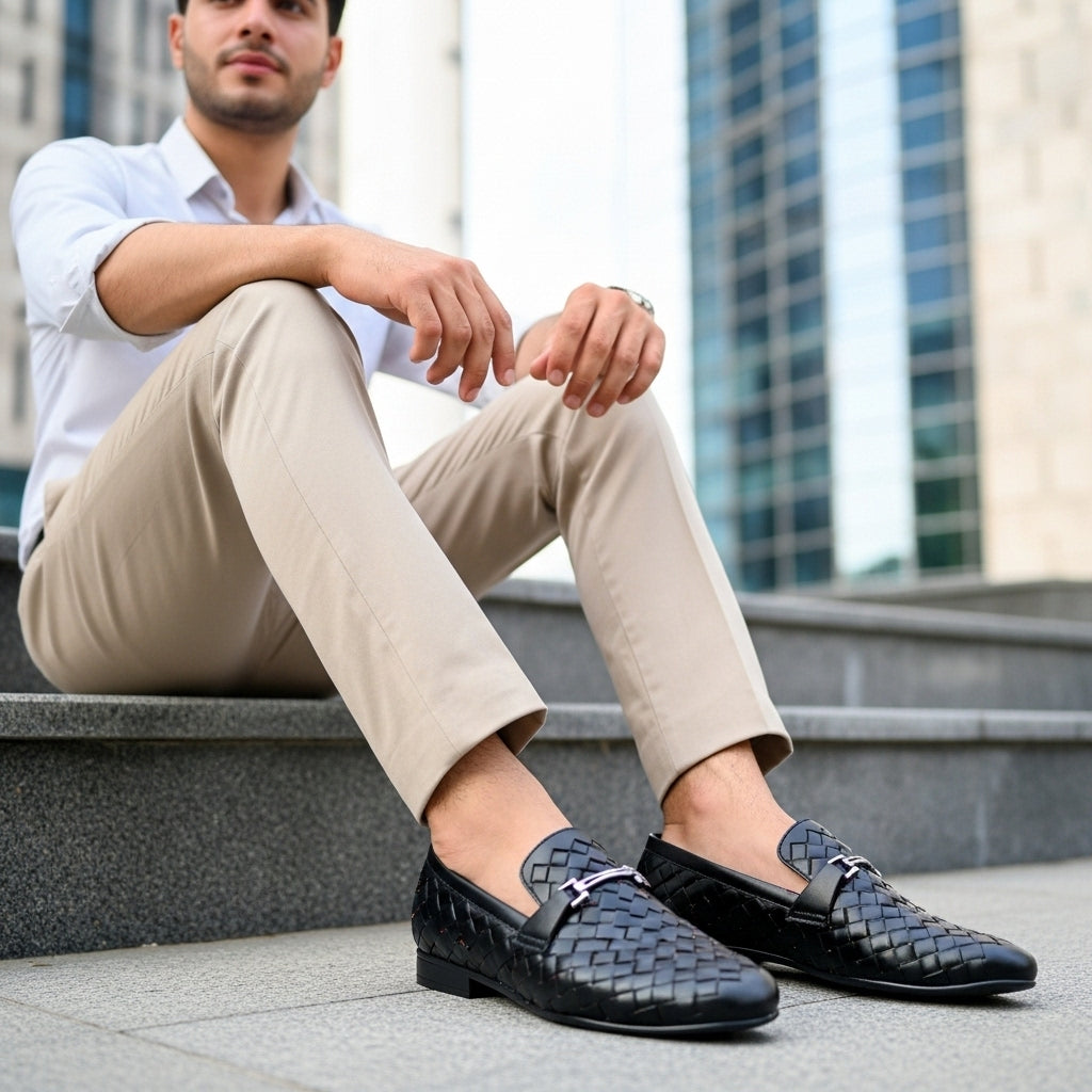 Black Woven Leather Loafers