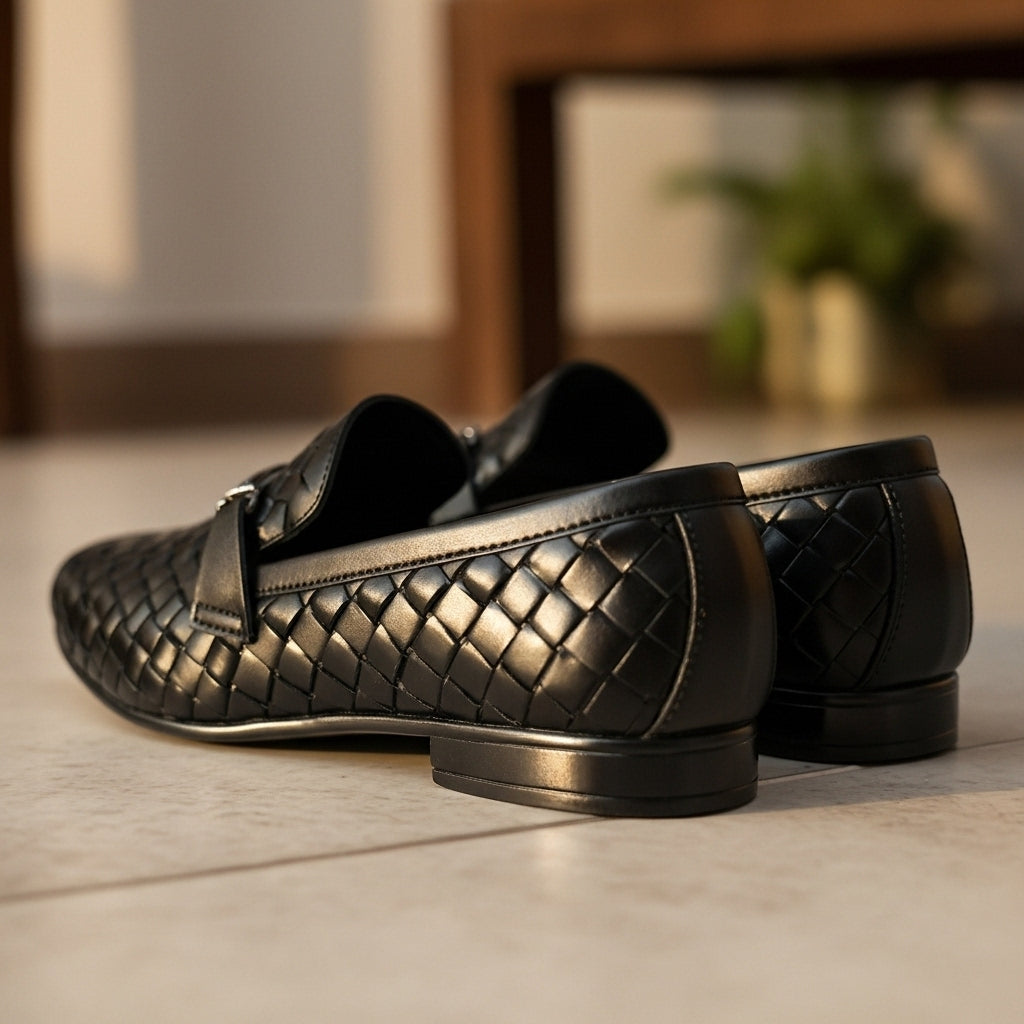 Black Woven Leather Loafers