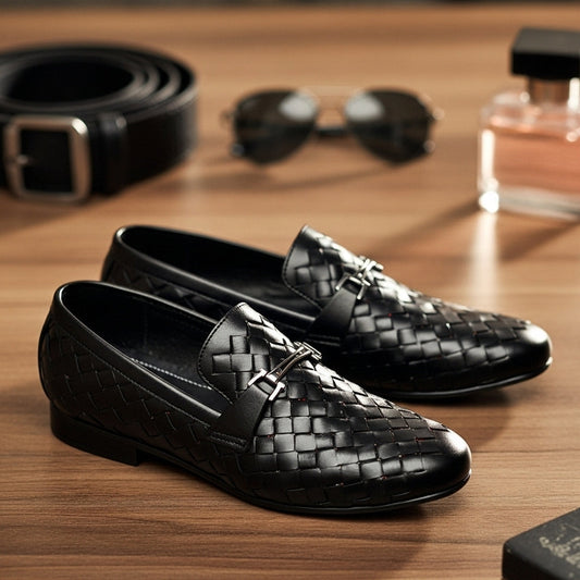 Black Woven Leather Loafers