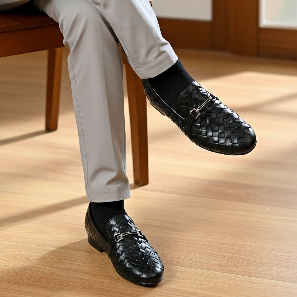 Black Woven Leather Loafers
