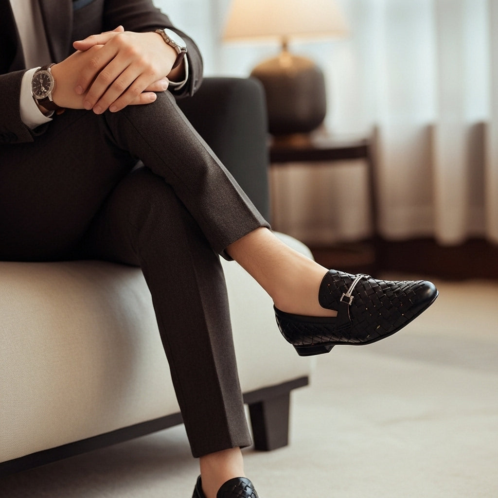 Black Woven Leather Loafers